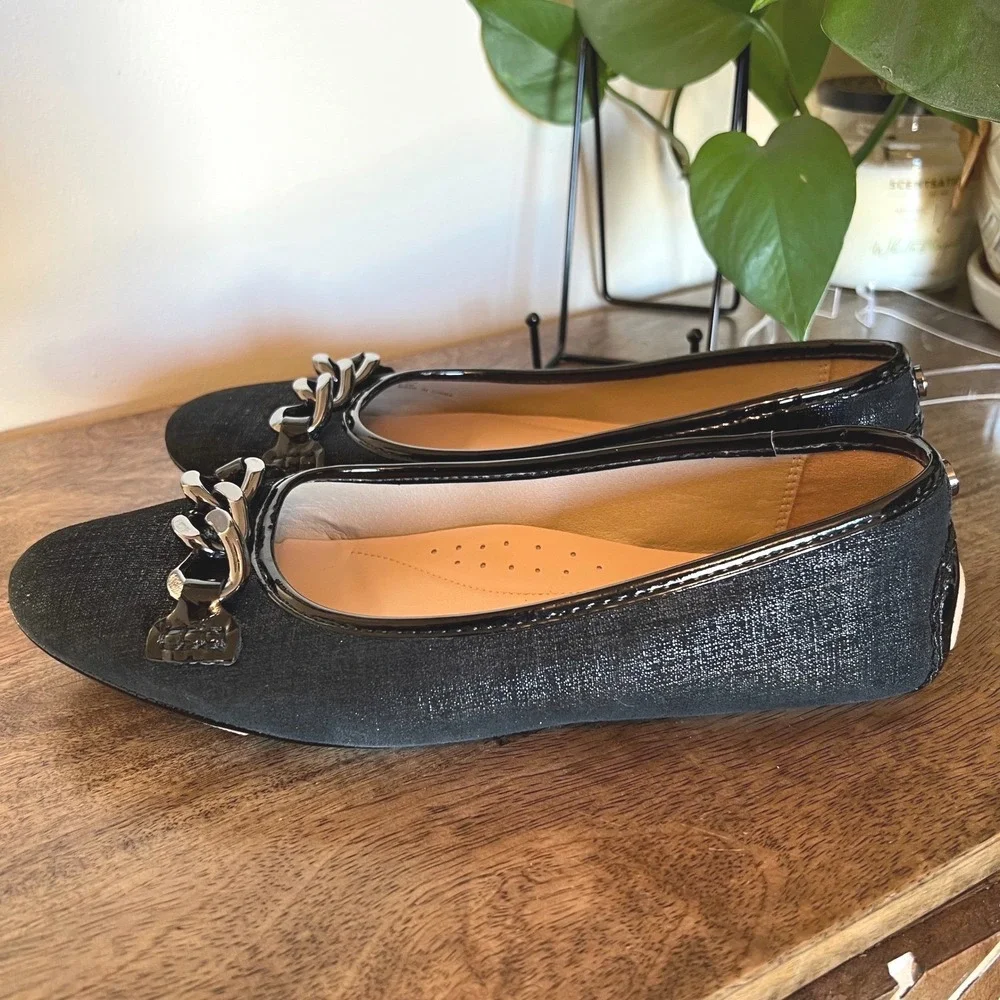Donald Pliner Black Shimmer Chain Link Ballet Flats Women 8.5 Patent Trim Loafer